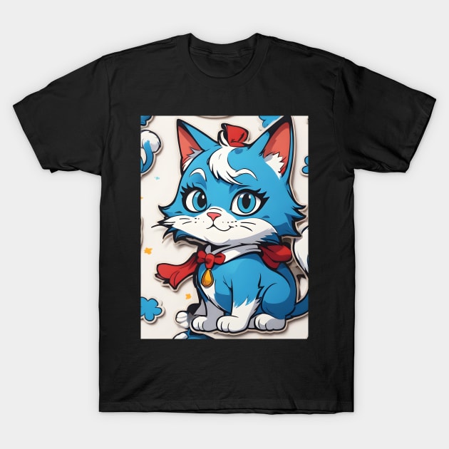 Cute Blue Cartoon Cat Pattern T-Shirt by vanityvibes